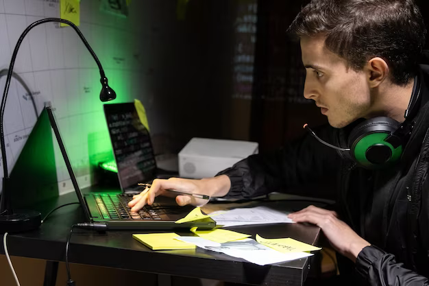 A man with a headset works at a laptop in a dark room