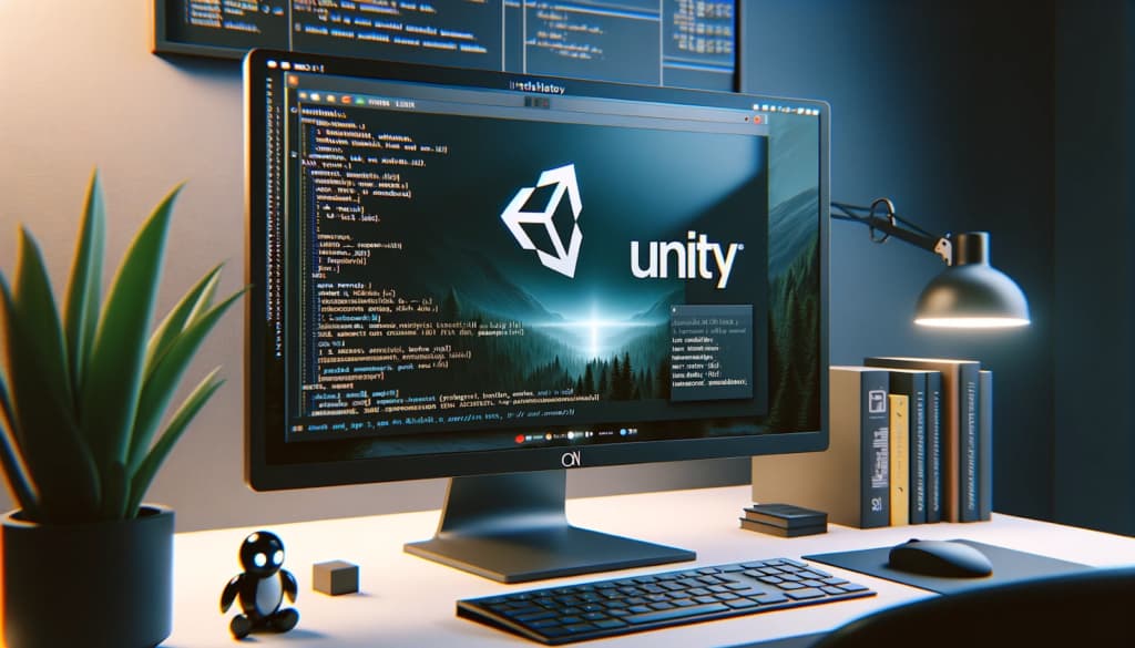 Computer with program code and Unity icon