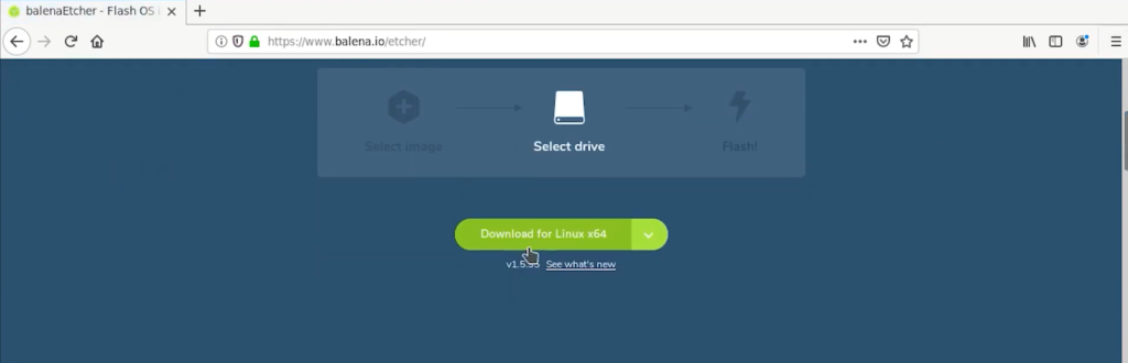 The interface of BalenaEtcher, showing the option to download for Linux x64