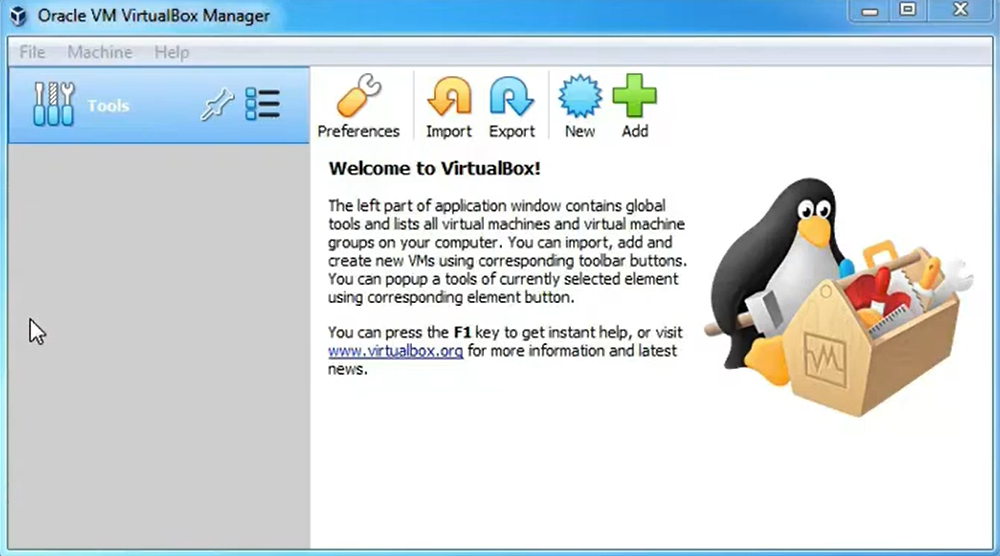 Main window of Oracle VM VirtualBox Manager with a welcome message and a penguin icon