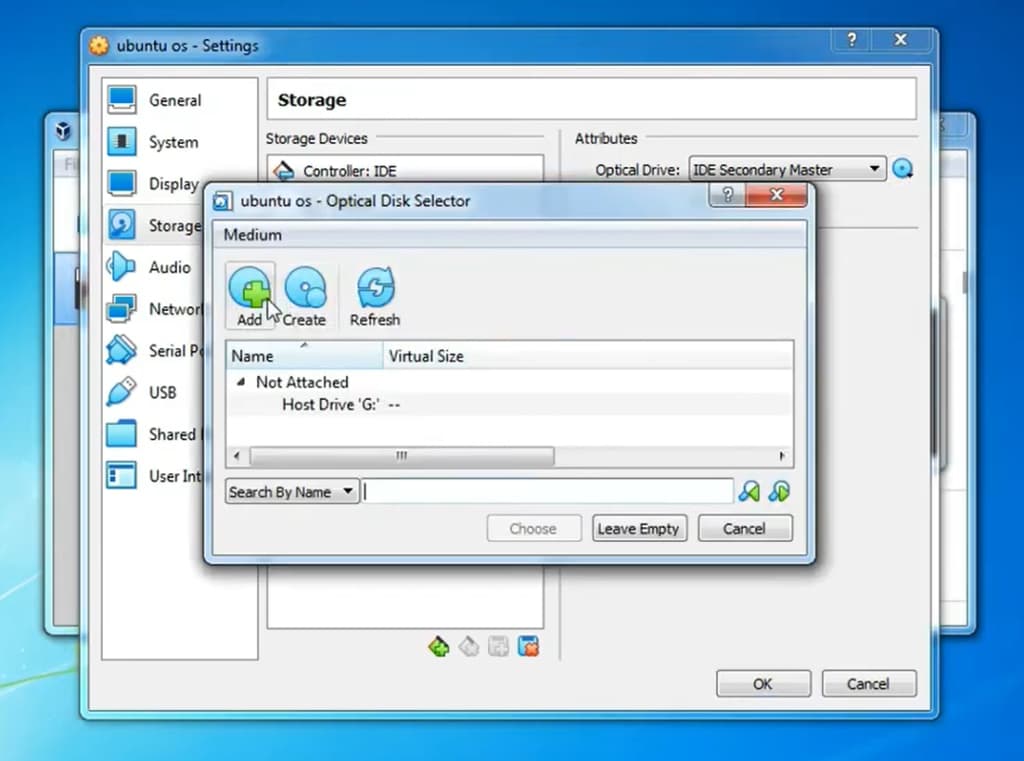VirtualBox settings window open to the storage section with the optical disk selection menu
