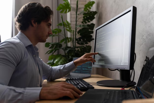 A man sits at a computer and works