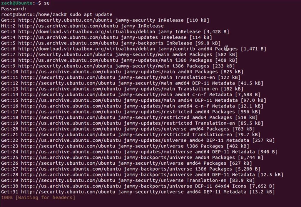 A terminal screen displaying the process of a sudo apt update command in Ubuntu