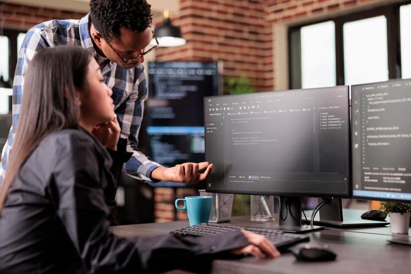 Programers Discussing Code Looking on 2 Monitors